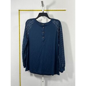 Minetom Womens Navy Blue Crochet Lace Long Sleeve Henley Top Size Large L